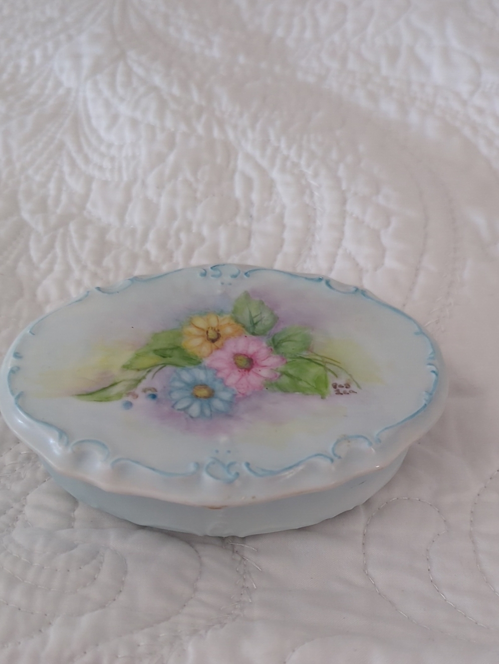 vintage Hand painted Floral Porcelain Trinket Pastel Blues & Multicolor Flowers